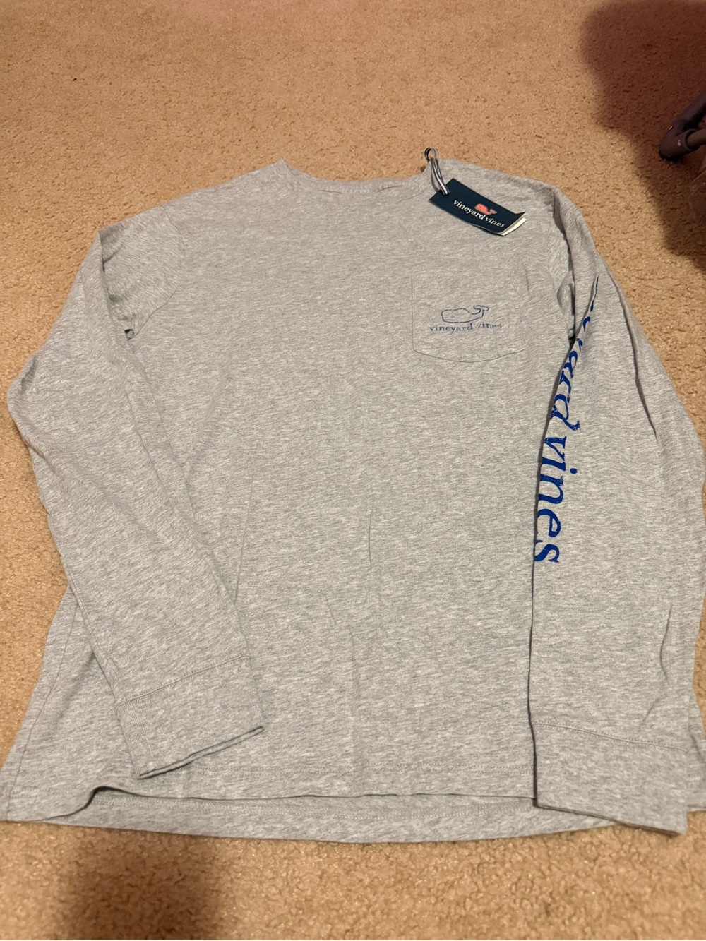 Vineyard Vines Light Gray Long Sleeve Pocket Tee with Blue Logo - XS